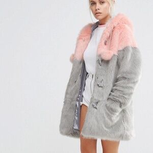 Lazy Oaf Grey & Pink Faux Fur Coat